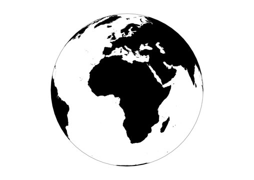 Orthographic 3D Globe Vector Europe and Africa EMEA Region Solid Black Silhouette Map with Black Horizon Line