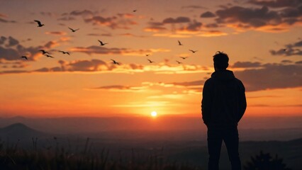 Fototapeta premium A lone figure standing at dusk with birds flying across a vibrant sunset sky, bathed in golden light.