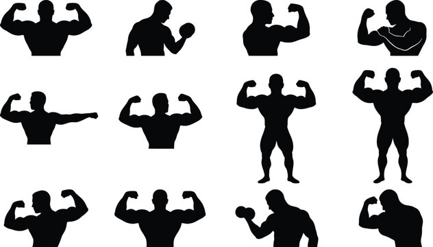  Bodybuilding Muscle Flex Silhouette Set Strong Fitness Poses Arm Workout Collection