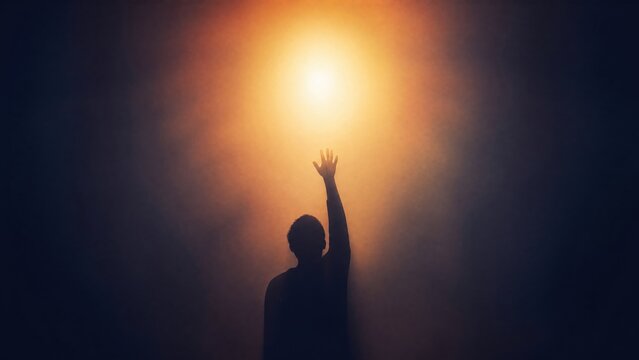 A striking silhouette reaching toward a glowing light source against a gradient backdrop.