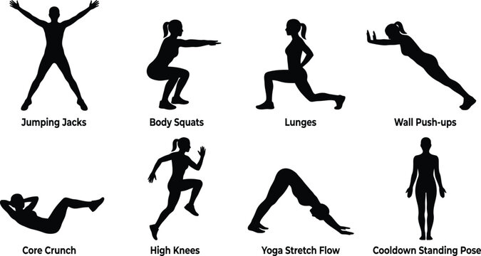  Fitness Exercise Silhouette Set Workout Training Yoga and Cardio Poses Collection