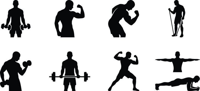  Fitness Workout and Strength Training Bodybuilding Silhouette Exercise Pose Collection Set