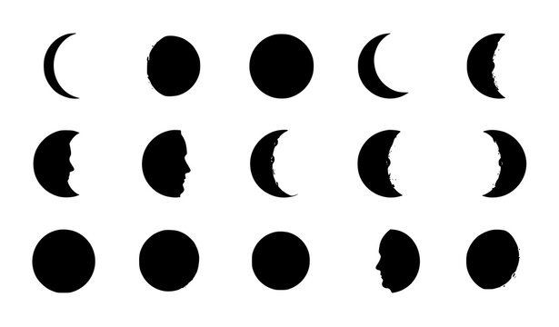 Moon Phases with Man in the Moon Face Silhouette Vector Icon Set for Mystical Astrology Astronomy and Celestial Witchy Digital Media Designs