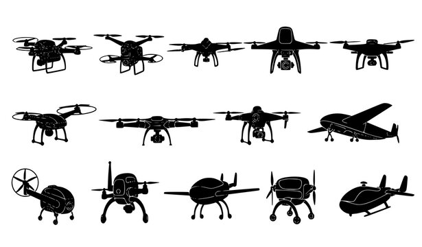 Drone Silhouettes Vector Icon Set Pack Featuring Quadcopters Multicopters Fixed Wing UAV Models and Remote Control Aircraft for Tech Media and Commercial Designs
