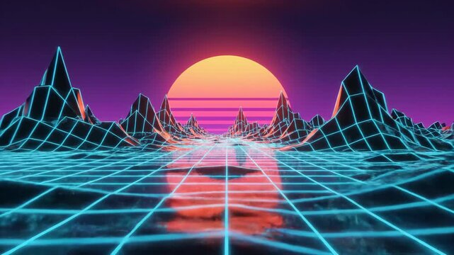 Wireframe Sun Setting Behind Chrome Mountain Range over Synthwave Grid