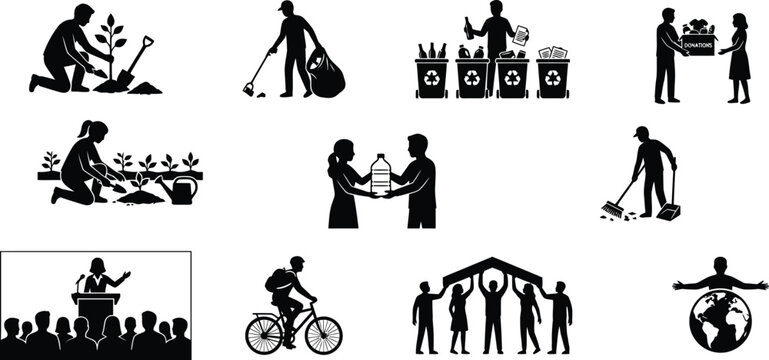 Sustainable Community Activities and Environmental Protection Silhouette Set with Social Responsibility Concepts