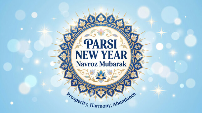 Parsi New Year Navroz Mubarak Greeting Badge with Elegant Persian Mandala Design on Soft Blue Background