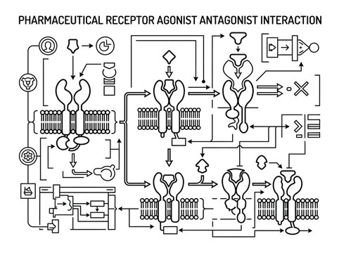 Pharmaceutical receptor agonist and antagonist interaction technical flowchart.
