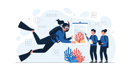 Naklejka premium Scuba Diver and Researchers Study Coral Reef Ecosystem, Marine Biology Concept Illustration