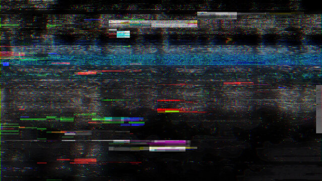 Full screen digital noise texture with heavy chromatic aberration and multi colored horizontal scanning artifacts.