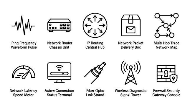 Network Infrastructure and Digital Connectivity Line Icon Set Representing Data Transmission and Security.