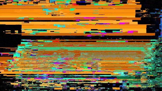 Orange and turquoise glitch texture with layered horizontal stripes and complex digital noise signal corruption.