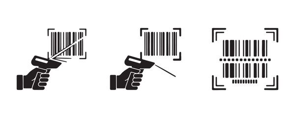 Obraz premium Hand holding barcode scanner icons set with laser beam and scan frame for warehouse inventory use.