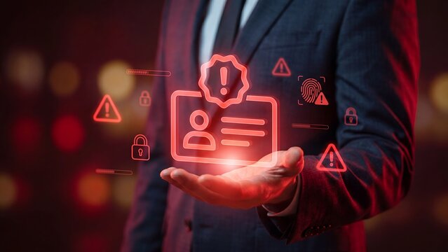 Businessman holding glowing red ID card icon with warning, padlock and fingerprint symbols representing identity theft, personal data breach and stolen credential security threat concept