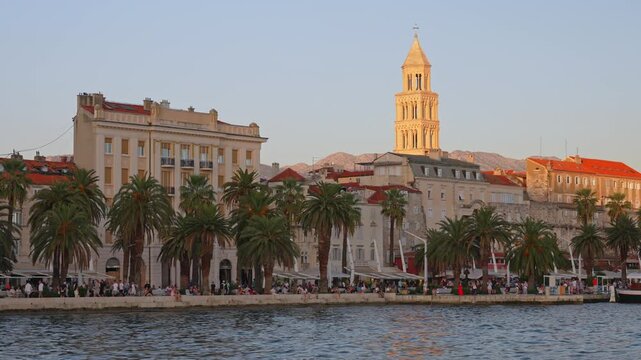 Sunset view of the Riva promenade and Diocletian's Palace in Split.