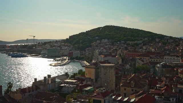 Panoramic aerial view of Split with Marjan park.