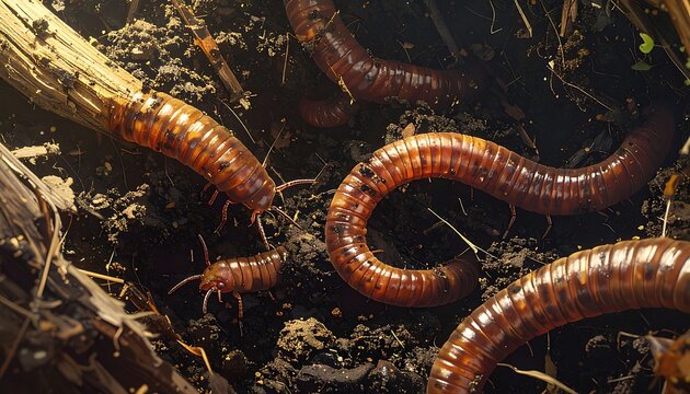 A close-up of several reddish-brown millipedes on damp soil
