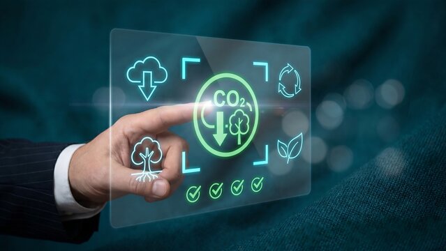 Businessman touching glowing CO2 reduction icon with tree, recycle and leaf symbols representing carbon footprint cut, emission control and green sustainability technology concept