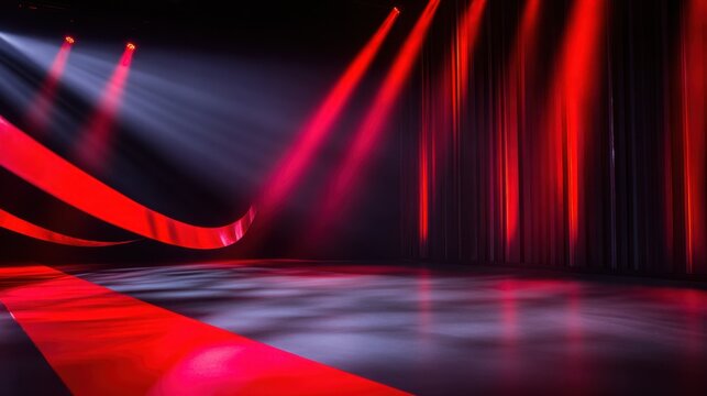 A vibrant stage scene illuminated by red lights, creating dramatic shadows and smooth surfaces