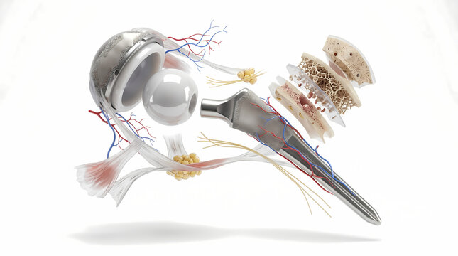 Exploded View Of Hip Joint Prosthesis With Bone Anatomy