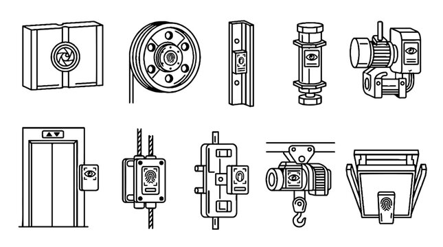 Industrial elevator components and lift machinery line art icons set.