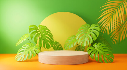 Obraz premium Wooden Podium Product Display with Tropical Monstera Leaves and Green Summer Background for Aesthetic Presentations.