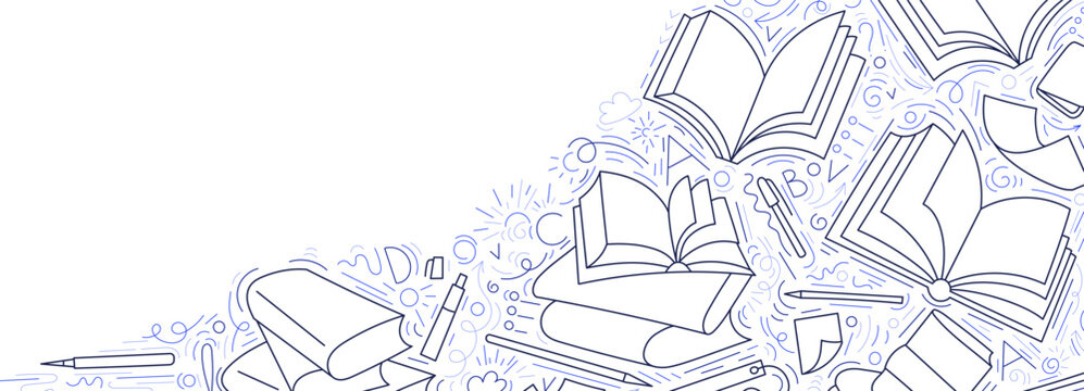 Open book library template. Perfect backdrop for school project, study resources and academic literature design. Art simple line stacked volumes and educational material. Simple university print