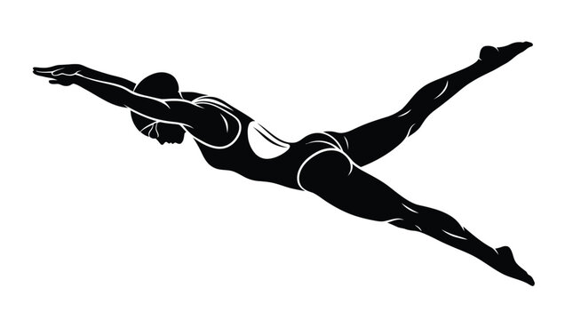 Elegant black silhouette vector illustration of a professional female swimmer diving gracefully through the deep water