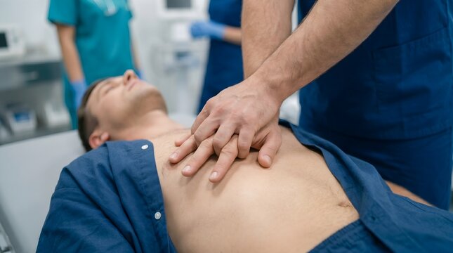 Professional doctor performing emergency CPR chest compressions on a male patient in a clinic hospital setting during a crisis medical healthcare concept