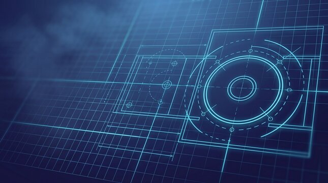 Futuristic blueprint hologram with target circle reticle and technical grid overlay