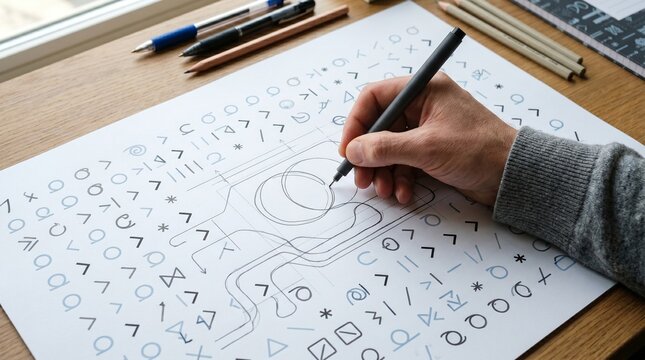 Hand drawing mathematical formulas and diagrams with pen on paper at desk workspace