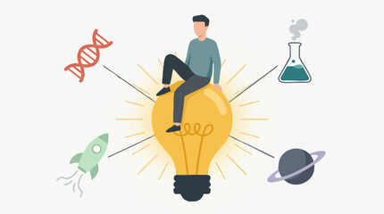 Man sitting on a lightbulb surrounded by science and technology symbols © AbedaRezwana