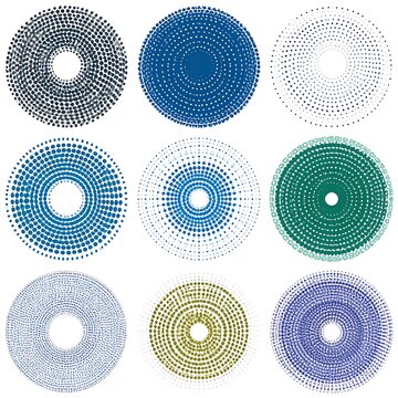 A collection of nine circular patterns with varying colors and dot densities