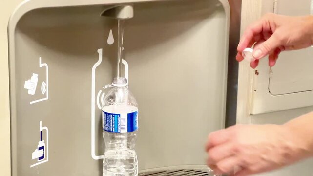 A person is using a water station to refill a plastic bottle with water in a busy area. This happens during daylight hours.