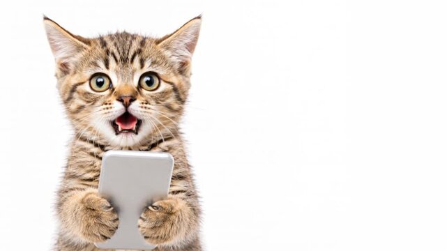 Shocked kitten reaction with smartphone and copy space