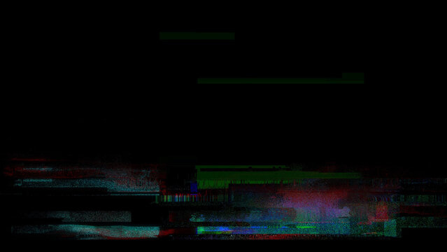 Abstract digital glitch art black background with colorful corrupted data and dark static noise.