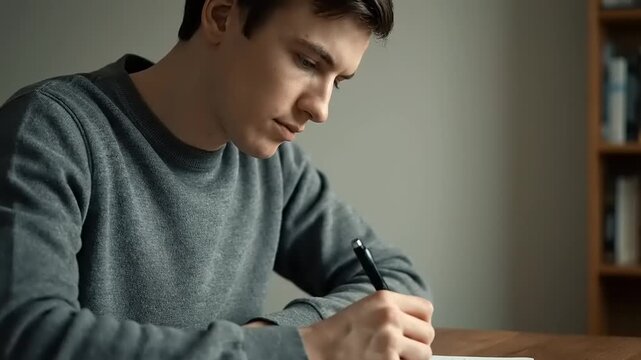Young man writing notes at a desk, focused and concentrated, indoors.