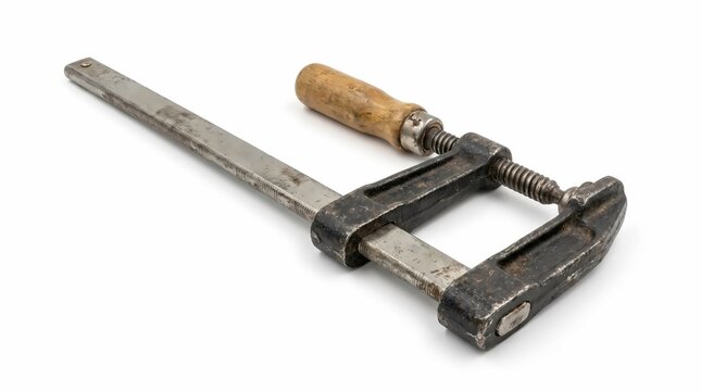 Old metal bar clamp with a wooden handle isolated on a clean plain white studio background