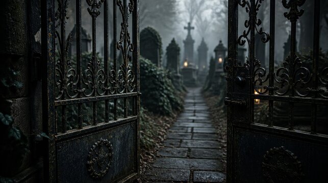 Cemetery gates open along dark stone path with fog and tall iron railings in solemn scene