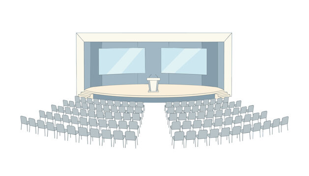Empty conference auditorium featuring rows of gray chairs facing a stage with a central podium and two large blank display screens.
