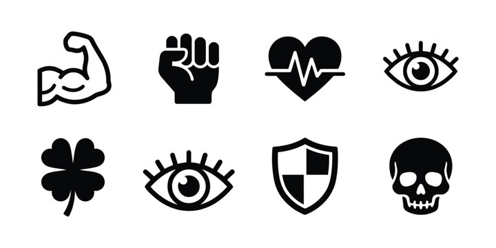 Black silhouette icon set strength health luck protection and danger