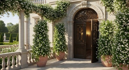 Fototapeta premium A grand stone patio with climbing jasmine plants, a small table, and chairs under a sunny sky.