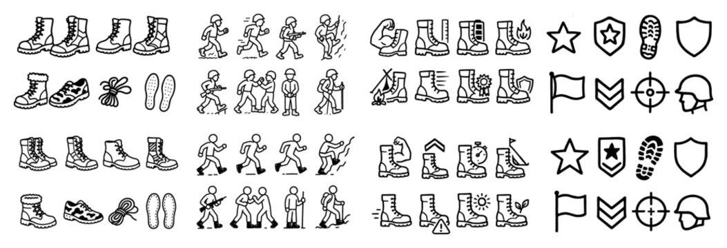 Military icons with boots soldiers outline