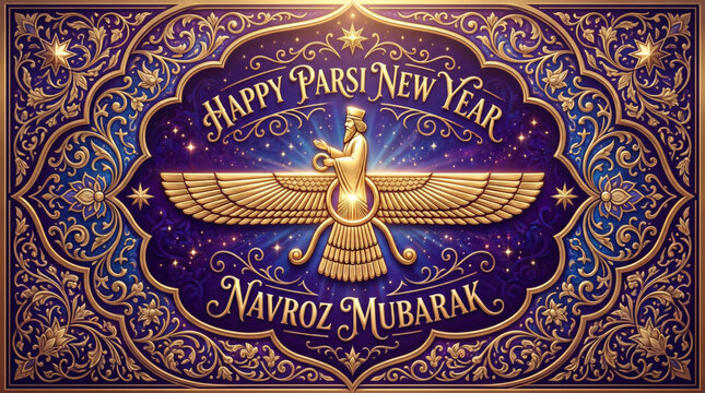 Navroz Mubarak Greeting Card with Golden Faravahar Symbol Ornate Persian Pattern and Luxury Festive Design
