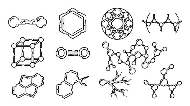 Hand Drawn Scientific Molecular Structures and Chemical Bonding Icons Set.