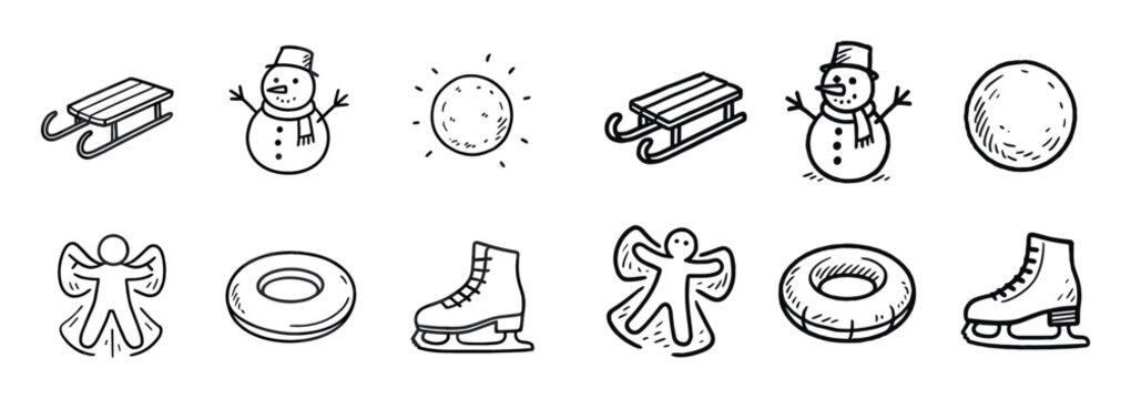 Winter icons with sled snowman skate playful