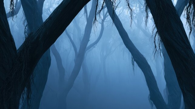 Twisted trees and thorny vines in a dark haunted forest, eerie atmosphere