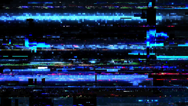 Digital television glitch effect with colorful horizontal lines and static noise on black background futuristic screen distortion.