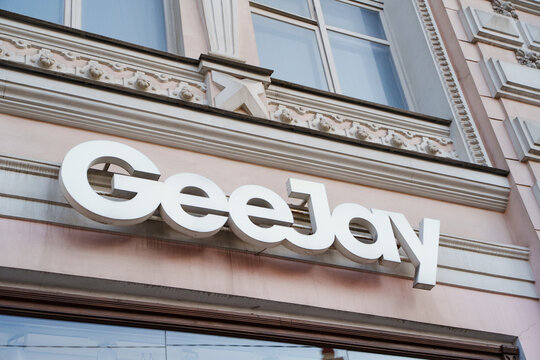 2026.06.19, Russia. Gee Jay store white text sign on historical building