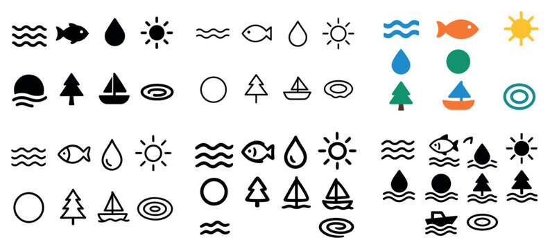Marine icons with fish boat wave flat